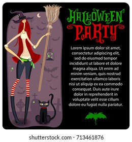 Halloween vector greeting card. Dark graveyard, with tombstones, tall witch with cage of fireflies, holding broom, magic hat and cat pet silhouette. Party invitation lettering, banners, sale offers