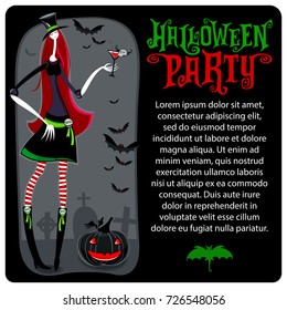 Halloween vector greeting card. Dark graveyard, with tombstones, zombie witch with Bloody Mary cocktail drink, magic hat, Jack o Lantern. Party invitation lettering, banners, sale offers, social media