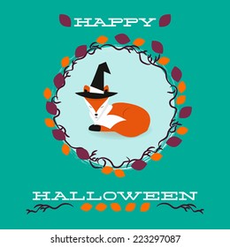Halloween vector greeting card. Fox hat witches