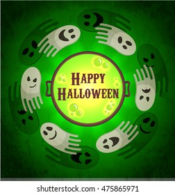 Halloween vector greeting card. Ghosts flying around the cauldron. Boiling potion in the pot. Mystic grunge background. Acid green colors