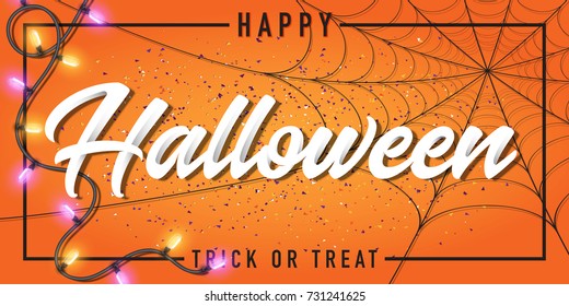 Halloween vector greeting card and poster design with spider web and light.