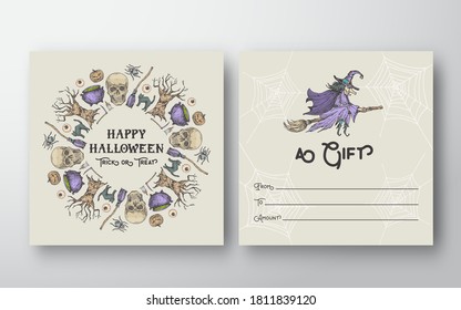 Halloween Vector Greeting Gift Card Background Template. Back and Front Design Layout with Typography. Soft Shadows and Sketch Pumpkins, Sculls and Witch on a Broom Illustrations Frame. Isolated.