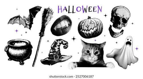 Halloween vector with halftone design of a black cat, pumpkin, bat, and skeleton. Contemporary collage with spooky elements like ghosts and witches, perfect for a party.