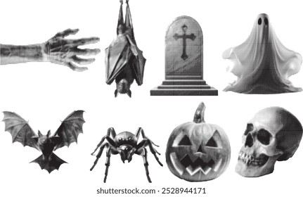 halloween vector halftone set bat, skull, shost, spider, spooky pumpkin, hand, grave. Isolated