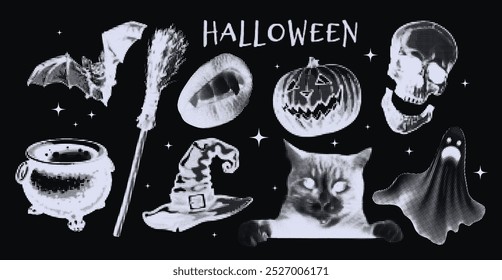 Halloween vector in halftone style. Spooky collage with cats, pumpkins, bats, and skeletons for a trendy autumn party, capturing 90s and Y2K aesthetics.