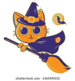 Halloween vector hand draw illustration of cute cartoon character isolated on white background. Orange kawaii cat in violet witch costume and the bat flying in the moonlight. Halloween picture.