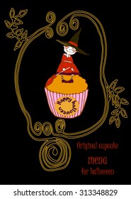 Halloween vector hand drawing cupcake menu with little funny witch  for party design