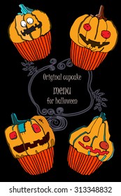 Halloween vector hand drawing cupcake menu with  funny pumpkins  for party design