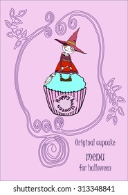 Halloween vector hand drawing cupcake menu with little funny witch  for party design