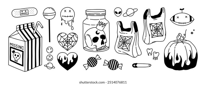 Vector de Halloween dibujado a mano gran conjunto en estilo Y2K. Feliz día de Halloween tatuajes. Colección de doodle de terror. Calabaza, cráneo en un tarro, leche, espantapájaros, caramelos, bolsas de plástico, dientes, corazones