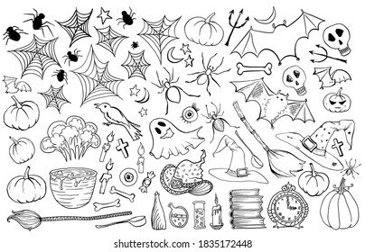 Halloween vector hand drawn icons set. Vector illustration isolated on white blackground. Witch accessories, witches broom, hat, books,candle, pot with potion