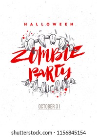 Halloween, handgezeichnete Vektorgrafik. Zombie Party Poster oder Flyer. Die Augenbrauen eines Monsters und die Schlagzeile der Pinselkalligrafie.