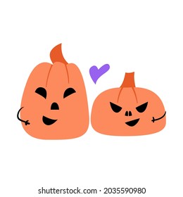 Halloween vector hand drawn illustration. Cute couple of pumpkins