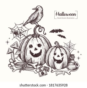 Halloween. Vector Hand Drawn. Pumpkins, Bones, Potion, Poison, Candy, Sweets, Witch Hat, Crow. Line Art. Sketch Illustration. 