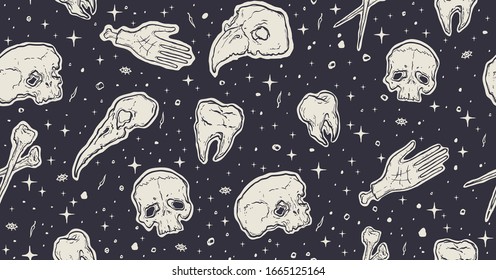 Halloween vector hand drawn seamless pattern. Dark print with skulls, bones, teeth and stars. Magic, night, witchcraft. Suitable for wrapping paper, textile, invitation, wallpaper, background.