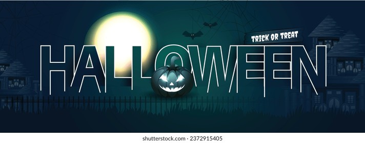 Halloween vector hand lettering creative illustration of pumpkins and dark castle on blue Moon with night clouds background