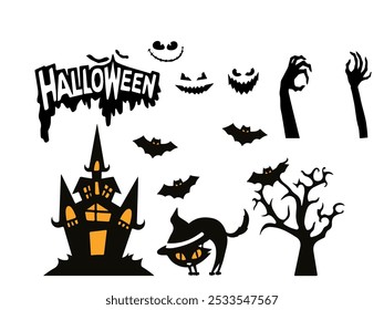 Vector de Halloween con la casa embrujada, gato de bruja, murciélagos y árbol espeluznante. Perfecto para Diseños y decoraciones de Festiva