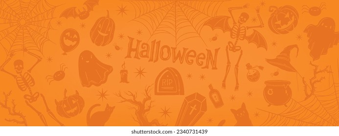 Halloween vector holiday background, simple ghost pumpkin cute spooky banner, cartoon wallpaper. Fun scary orange grave silhouette, dancing skeleton, spiderweb. Autumn creepy halloween background