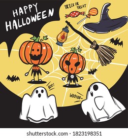 Halloween vector holiday happy pumpkin illustration witch broom trick or treat SLOGAN candy cartoon material card photo frame party accessory design