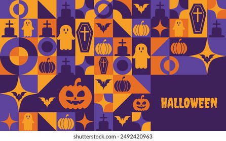 Halloween vector horizontal banner with Bauhaus geometric elements including pumpkin, bat, ghost, and cemetery