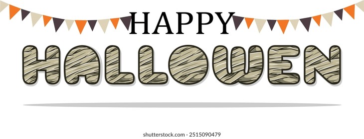 Halloween vector horizontal banner. Mummy bandage design lettering, with typical spooky event ghost illustration