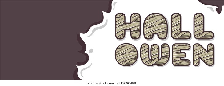 Halloween vector horizontal banner. Mummy bandage design lettering, with typical spooky event ghost illustration