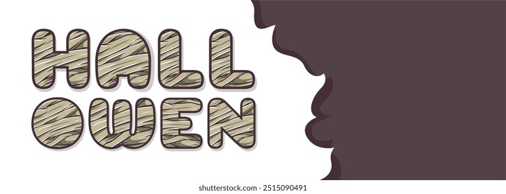 Halloween vector horizontal banner. Mummy bandage design lettering, with typical spooky event ghost illustration