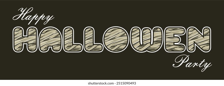 Halloween vector horizontal banner. Mummy bandage design lettering, with typical spooky event ghost illustration