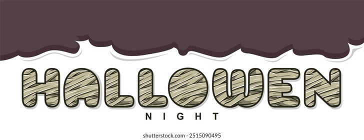 Halloween vector horizontal banner. Mummy bandage design lettering, with typical spooky event ghost illustration