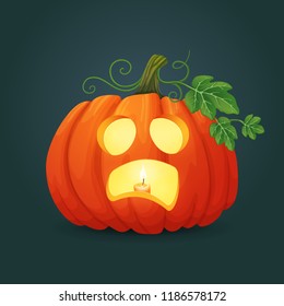 Halloween vector icon. Scared orange oval pumpkin with green leaves and vines with candle inside. 
