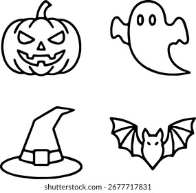 Halloween vector icon set with 4 designs: pumpkin, ghost, witch hat, and bat. Simple flat outline style, perfect for stickers, posters, t-shirts, and seasonal graphics.