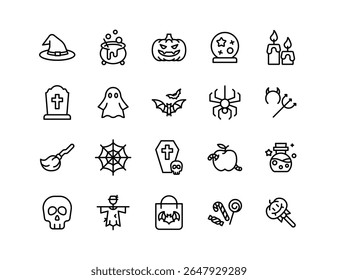 Conjunto de Ícones de Vetor de Halloween | Espessura ajustável da linha | Abóbora, chapéu de bruxa, fantasma, crânio, morcego, aranha, poção, doces, lápide, vassoura, lanterna, sepultura, assombrado, assustador, ícones de fantasia