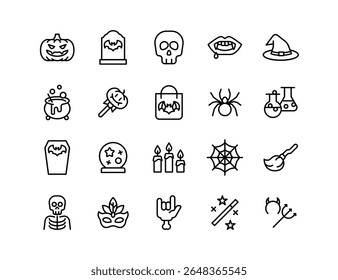 Conjunto de Ícones de Vetor de Halloween | Espessura ajustável da linha | Abóbora, crânio, vampiro, bruxa, aranha, caldeirão, poção, caixão, vassoura, fantasma, truque ou tratar ícones