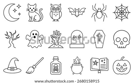 Halloween vector icon set. Black line art with spooky symbols including ghost, pumpkin, skull, spider, bat, witch hat, and cauldron. Perfect for seasonal design and decorations.