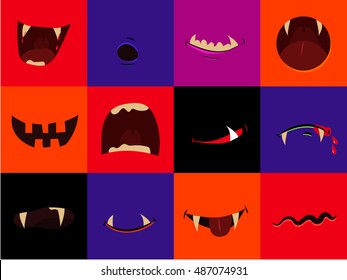 halloween vector icon set - cartoon monster mouths. Vampire, werewolf, pumpkin, ghost