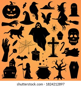 Halloween vector icon set. Collection of traditional Halloween symbols and props.