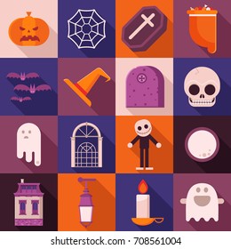 Halloween vector icon set in flat design. Including sweets bag, pumpkin head, skull, haunted house, ghost, bats, spider web and other traditional symbols. Square halloween icons with long shadow.