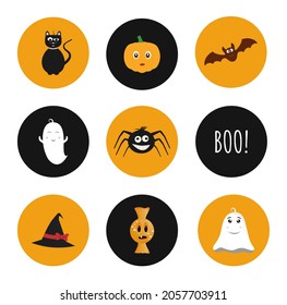 Halloween vector icon set. Vector illustration with cat, spider, bat, pumpkin, ghost and candy. Vector illustration of trick or treat scary symbols.