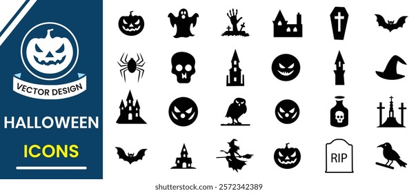 Halloween vector, icon set on a white background. Vector illustration of Halloween. Black spooky elements for your design. Hand drawn Halloween vector. Halloween silhouettes.