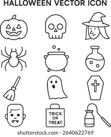 Halloween Vector Icon Set – Pumpkin, Ghost, Witch, Skull, Potion and Spooky Symbols

