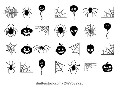 Vector de Halloween, conjunto de iconos . Conjunto de siluetas de Halloween icono negro y personaje. Siluetas de icono de Halloween sobre un fondo blanco. Ilustración vectorial.