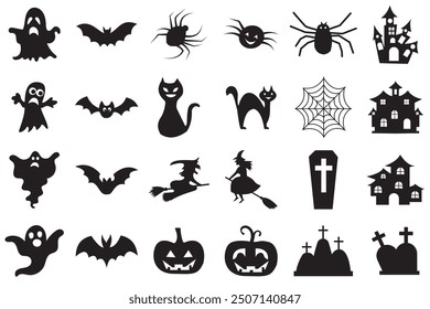 Halloween vector, icon set. Set of Halloween icon silhouettes. Spooky decorations, Halloween celebration icon template decoration. Vector illustration. 