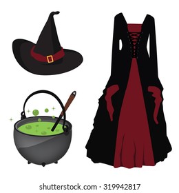 Halloween vector icon set witch hat and corset dress, boiling kettle with green poison