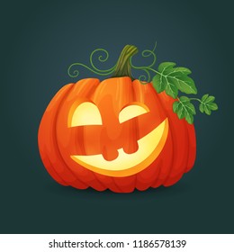 Halloween vector icon.Grinning oval orange pumpkin with leaves and vines illuminated from the inside. 