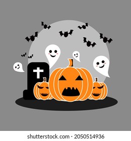 halloween vector icon,halloween party with ghost,pumpkin,tombstone and bat on background,holiday concept,trick or treat