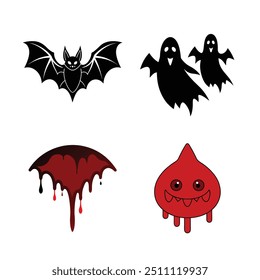 Halloween vector icons of bat ghosts and blood