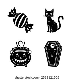 Iconos vectoriales de Halloween de ataúdes de gato de caramelo