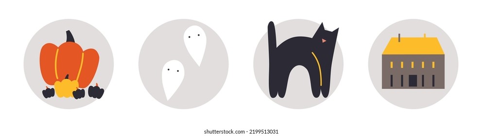 Halloween vector icons. Cartoon flat illustration. Pumpkin, black cat, moon, broom, bowler, witch. Halloween set elements. 