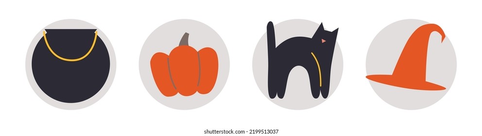 Halloween vector icons. Cartoon flat illustration. Pumpkin, black cat, moon, broom, bowler, witch. Halloween set elements. 