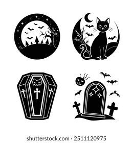 Halloween vector icons of full-moon cat coffin and gravestone